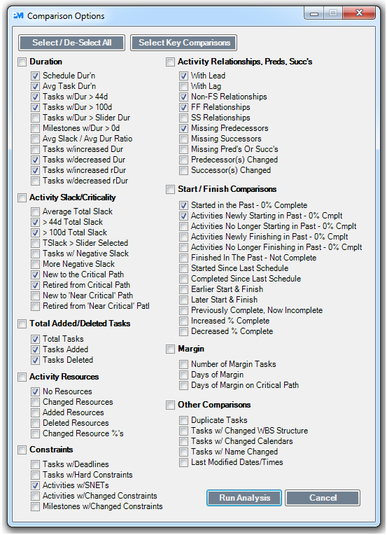 Test output options — checkbox selection of criteria to run