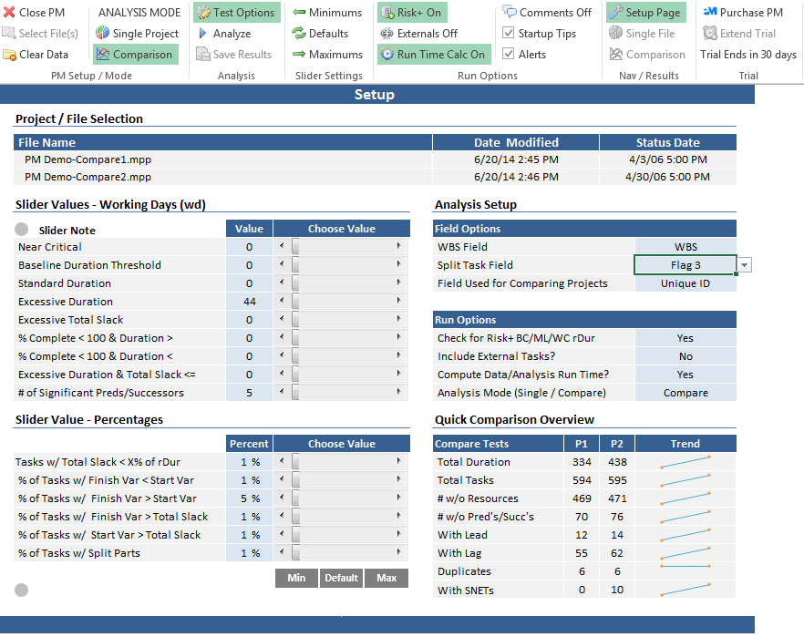 Setup page with file selection, criteria checkboxes, and analysis controls